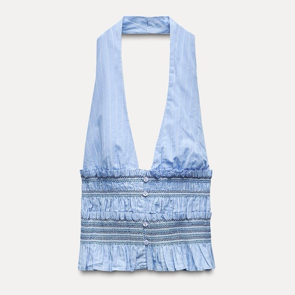 Zara NWT blue pin stripe halter neck deep V smocked ruffle detail top - Picture 5 of 6